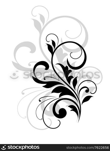 Elegant stylish scrolling foliate design element in black and white with a repeat in grey behind it