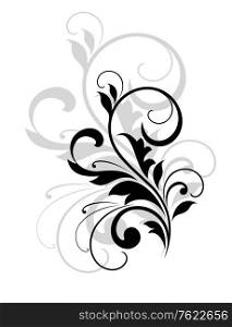 Elegant stylish scrolling foliate design element in black and white with a repeat in grey behind it