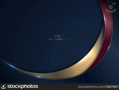 Elegant template abstract blue , gold, red metallic curve stripes with lighting on dark blue background. Luxury style. Vector graphic illustration