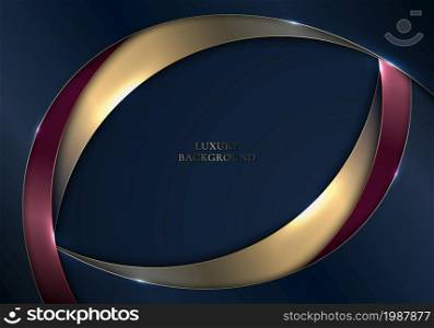 Elegant template abstract blue , gold, red metallic curved stripes with lighting on dark blue background. Luxury style. Vector graphic illustration