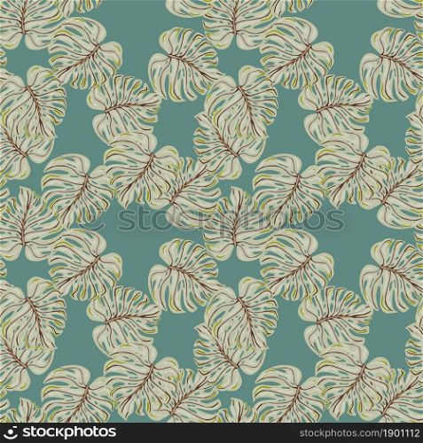 Elegant tropical seamless pattern with monstera leaves on green background. Botanical foliage plants wallpaper. Exotic hawaiian backdrop. Design for fabric, textile print, wrapping, cover.. Elegant tropical seamless pattern with monstera leaves on green background.