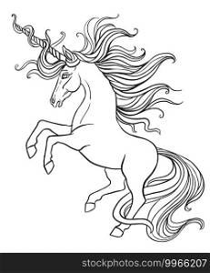 Elegant unicorn with a long mane and tail. Vector black and white illustration for coloring page. For the design of prints, posters, postcards, coloring books, stickers, tattoos,. Elegant unicorn vector illustration coloring book page