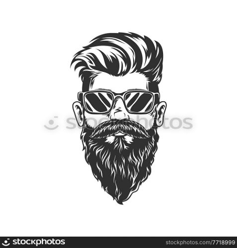 Elegant unshaved retro man in sunglasses isolated hipster with stylish haircut monochrome icon. Vector dj or musician in glasses, brutal handsome guy with beard and moustaches, barbershop symbol. Gentleman in glasses, stylish hipster portrait