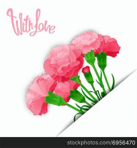 Elegant vector bouquet With Love. With Love. Vector template of bouquet flowers Carnations in stylized cuts paper. Location of on the diagonal.