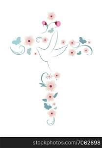 Elegant vector Christian cross isolated with dove pink flowers and butterflies