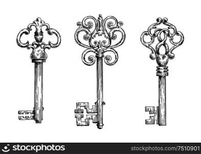 Elegant vintage skeleton keys sketches with bows, adorned by ornamental forged elements with curlicues. Medieval, history, embellishment, t-shirt print or pendant design usage