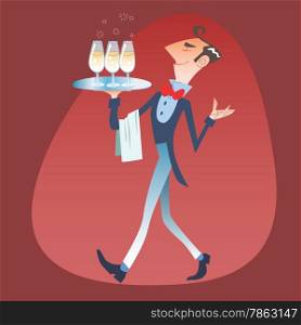 Elegant waiter carries a tray of glasses