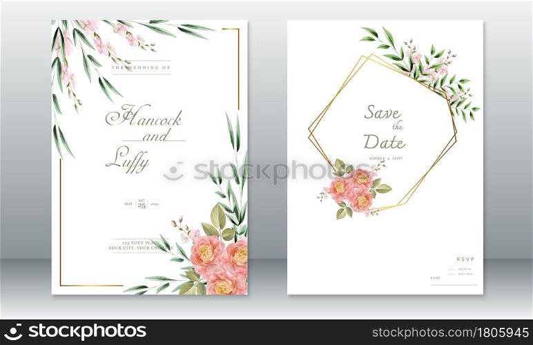 Elegant wedding invitation card template. Beautiful background with watercolor floral and green leaves.Vector illustration.Eps10