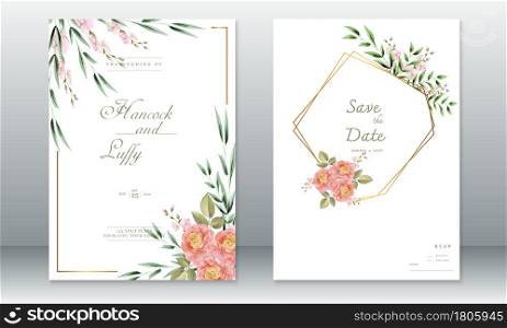 Elegant wedding invitation card template. Beautiful background with watercolor floral and green leaves.Vector illustration.Eps10