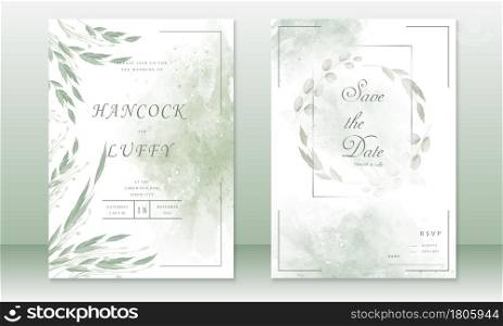 Elegant wedding invitation card template. Beautiful with watercolor texture background and green leaves.Vector illustration.Eps10