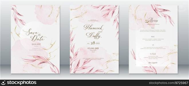 Elegant wedding invitation card template natural design with leaf and watercolor background