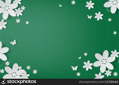 Elegant white flowers and butterfly handcraft realistic on green background.Ecology environment minimal modern concept Creative paper art and craft style.wallpaper For your text vector illustration