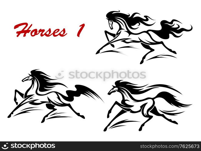 Elegant wild horse stallions in gallop run suitable for equestrian sport, mascot and tattoo design