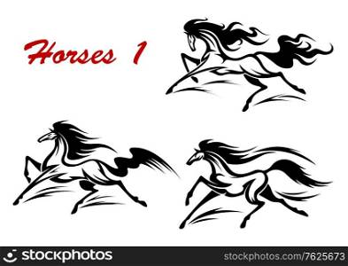 Elegant wild horse stallions in gallop run suitable for equestrian sport, mascot and tattoo design