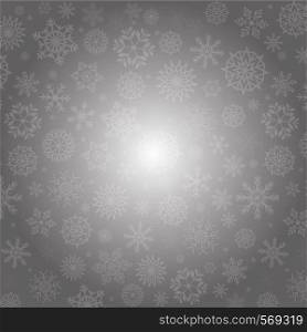 Elegant winter background with fallen silver snowflakes and space for text. Christmas, new year template. Vector.. Elegant winter background with fallen silver snowflakes and spa