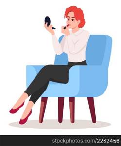 Elegant woman applying lipstick semi flat RGB color vector illustration. Posing figure. Office lady touching up makeup during workday isolated cartoon character on white background. Elegant woman applying lipstick semi flat RGB color vector illustration