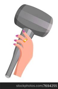 Elegant woman hand holding hair dryer with violet polished finger nails and golden ring. Hair styling icon. Cartoon dryer, equipment for beauty salon or hairsaloon. Flat illustration on white. Woman hand holds compact blow dryer. Hair care element. Fashionable hairstyle tool or symbol