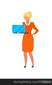 Elegant woman holding laptop semi flat color vector character. Full body person on white. Responsibility for clerical duties isolated modern cartoon style illustration for graphic design and animation. Elegant woman holding laptop semi flat color vector character