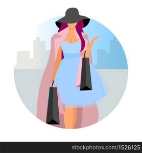 Elegant woman making purchases flat concept vector icon. Fashionable lady, shopaholic with shopping bags sticker, clipart. Female fashionista, customer, shopper at mall. Isolated cartoon illustration
