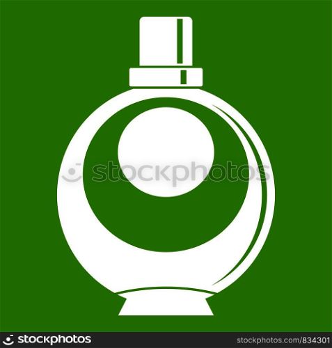 Elegant woman perfume round glass bottle icon white isolated on green background. Vector illustration. Elegant woman perfume round glass bottle icon green
