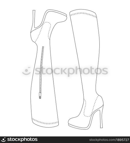 Elegant woman shoes with high heels. Fashionable autumn female high boots. Isolated vector artistic illustration.