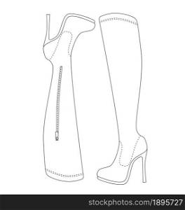 Elegant woman shoes with high heels. Fashionable autumn female high boots. Isolated vector artistic illustration.