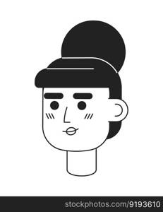 Elegant woman with big top knot monochromatic flat vector character head. Editable black white cartoon face emotion. Hand drawn lineart ink spot illustration for web graphic design, animation. Elegant woman with big top knot monochromatic flat vector character head