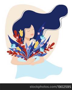 Elegant woman with closed eyes holding flowers in bouquet. Isolated lady with flora in hands. Blooming wildflowers and spring blossom. Seasonal flourishing and presents. Vector in flat style. Tender woman holding bouquet of blooming flora