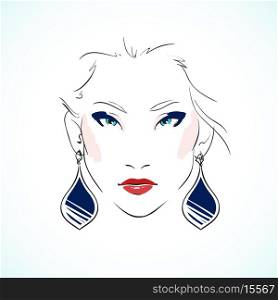 Elegant young model face with expressive eyes wearing earrings isolated vector illustration