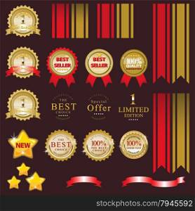 Element design Set of golden vector Commercial Labels and Ribbon templates. This vector file is organized in layers to separate Graphic elements from Text, Ribbon, Star, Shadows and background.