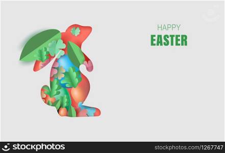 Element holiday bunny for design.Happy Easter day eggs in green grass with white flowers.Butterflies fly air.Creative paper cut and craft style idea card background.Shape curve rabbit.Eco EPS10.