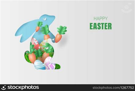 Element holiday bunny for design.Happy Easter day eggs in green grass with white flowers.Butterflies fly air.Creative paper cut and craft style idea card background.Shape curve rabbit.Eco EPS10.