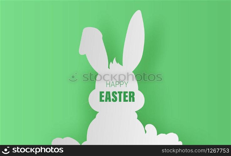 Element minimal holiday bunny for design.Happy Easter day eggs in green grass with white flowers.Butterflies fly air.Creative paper cut and craft style idea card background.Shape curve rabbit.Eco