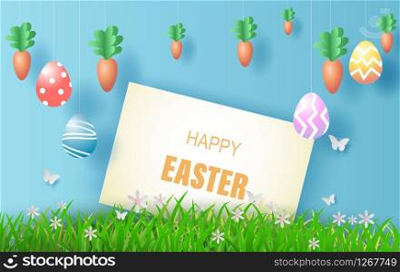 Element signboard design.Happy Easter day in green grass with white flowers.Butterflies fly air.Creative paper cut and craft style text for card.Carrots and eggs hanging on blue sky background.EPS10