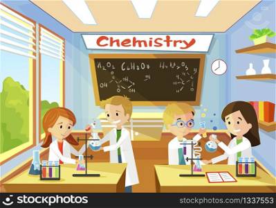 Elementary Class School of Chemistry. Little Children at Desk Doing Research and Study Boy in Hand Holding Flask Blue Liquid Mixed. Girl Helps Conduct Experiment. Kid Glasses Looks Reaction.