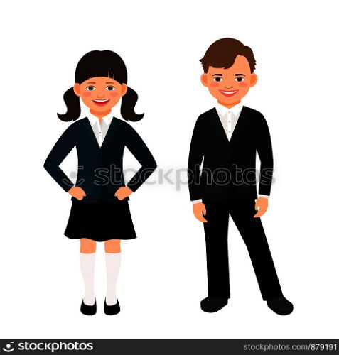 Elementary primary students kids in uniform isolated on white background. Vector illustration. Elementary primary students kids in uniform