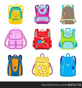 Elementary school backpacks set. Kids schoolbags with supplies in open pockets, childish bags and rucksacks. Vector illustration for back to school, education, stationery concept