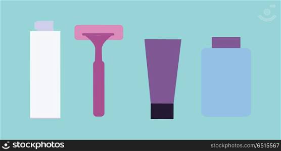 Elements for Boys Face Wash. Shaving Accessories.. Elements for boys face wash. Face washing and shaving accessories. Decorative cosmetics. Instruments for man to take care about his look. Part of series of face care. Vector illustration