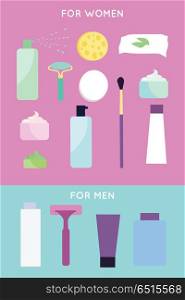 Elements for girls and boys face wash. Elements for girls and boys face wash. Face washing, shaving and makeup accessories. Decorative cosmetics. Instruments for person to take care about look. Part of series of face care. Vector