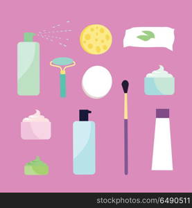 Elements for Girls Face Wash. Makeup Tools. Vector. Elements for girls face wash. Makeup tools. Face washing accessories. Decorative cosmetics. Instruments for girl to take care about her look. Part of series of face care. Vector illustration