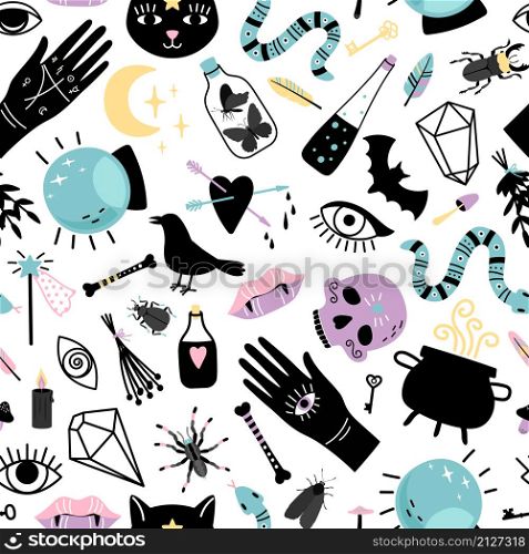 Elements for magician seamless pattern. Hand drawn collections for witch, magic cauldron with potion, snake and crystal ball for wizard, vector illustration concept of black witchcr. Elements for magician seamless pattern
