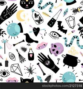 Elements for magician seamless pattern. Hand drawn collections for witch, magic cauldron with potion, snake and crystal ball for wizard, vector illustration concept of black witchcr. Elements for magician seamless pattern