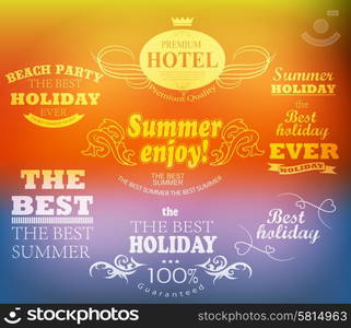 elements for Summer Holidays with colorful background calligraphic designs ornaments labels. elements for Summer Holidays