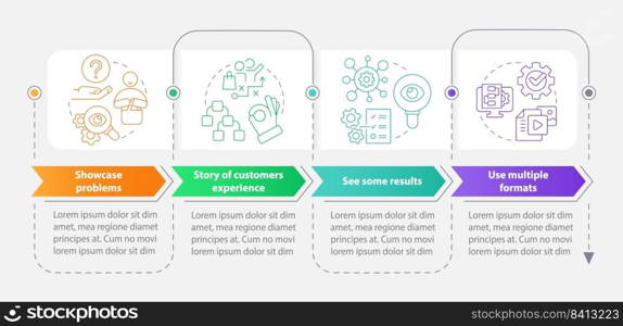 Elements of case study rectangle infographic template. Structure. Data visualization with 4 steps. Editable timeline info chart. Workflow layout with line icons. Myriad Pro-Bold, Regular fonts used. Elements of case study rectangle infographic template