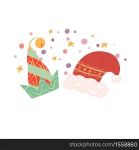 Elements of Christmas and New Year. Flat elf and Santa claus hats on stars and confetti background. Vector illustration for postcards, stickers, print, gift, poster, banner, flyer and your design.. Elements of Christmas and New Year. Flat elf and Santa claus hats on stars and confetti background. Vector illustration