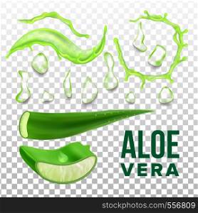 Elements Of Eco Healthcare Aloe Vera Set Vector. Collection Details Of Herbal Healthcare Plant For Cosmetic Product. Vitamin Gel For Skin On Transparency Grid Background. Realistic Illustration. Elements Of Eco Healthcare Aloe Vera Set Vector