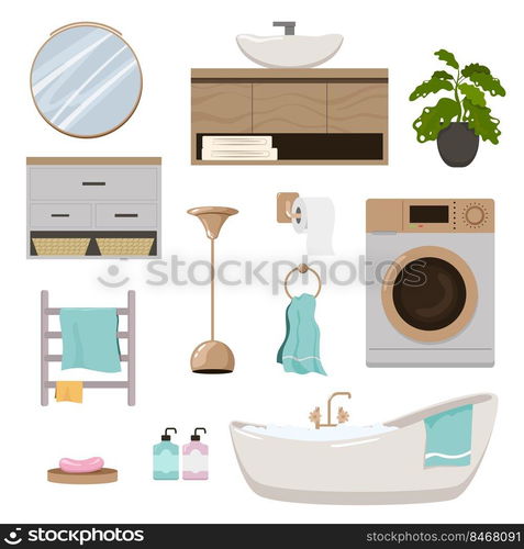 Elements of furniture for home bathroom set. Vector illustrations of decorations and toilet equipments. Cartoon bathtub mirror washbasin washing machine isolated on white. Modern interior concept. Elements of furniture for home bathroom set