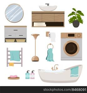 Elements of furniture for home bathroom set. Vector illustrations of decorations and toilet equipments. Cartoon bathtub mirror washbasin washing machine isolated on white. Modern interior concept. Elements of furniture for home bathroom set