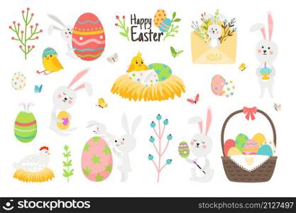 Elements of happy easter set. Cartoon cute rabbits and funny chickens, holiday postcard and blossom branches, vector illustration of decorative bunnies and colorful eggs. Elements of happy easter set