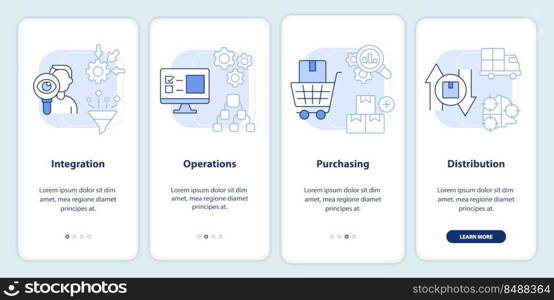 Elements of SCM light blue onboarding mobile app screen. Walkthrough 4 steps editable graphic instructions with linear concepts. UI, UX, GUI template. Myriad Pro-Bold, Regular fonts used. Elements of SCM light blue onboarding mobile app screen